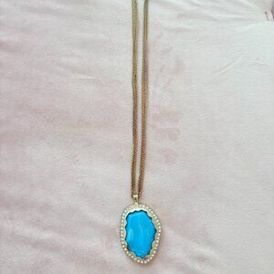 Triple Gold-tone Chain Turquoise Pendant with Rhinestones Statement Necklace